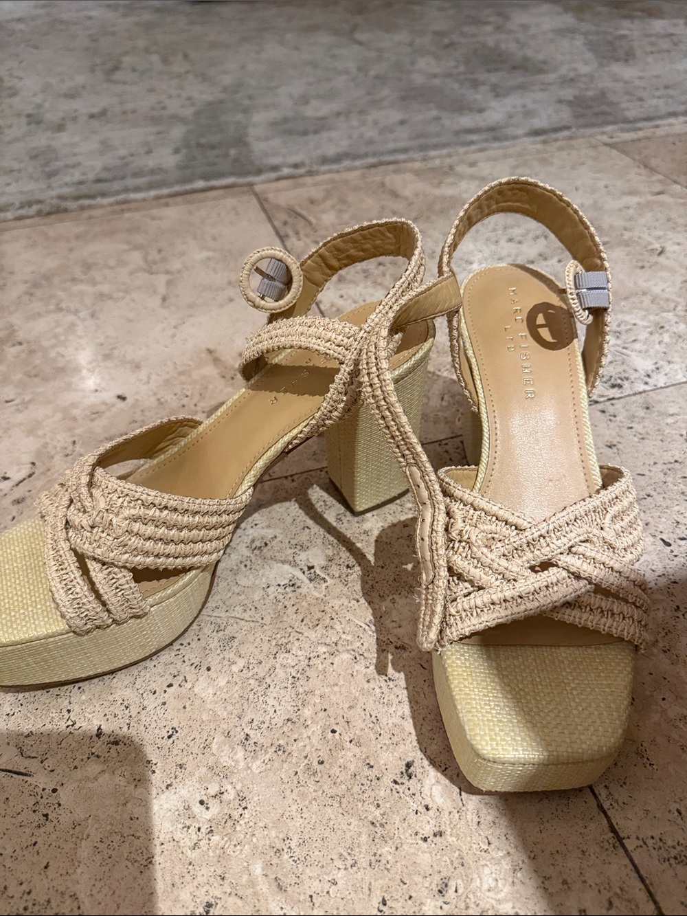 Woven Platform Block Heel Sandals - Beige